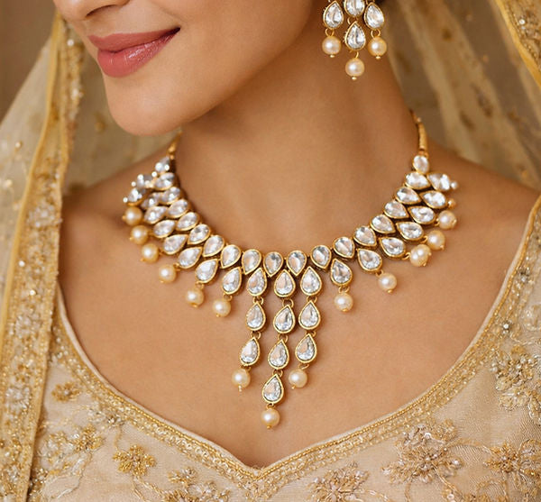 Royal Kundan-Inspired American Diamond Necklace Set with Pearl Drops