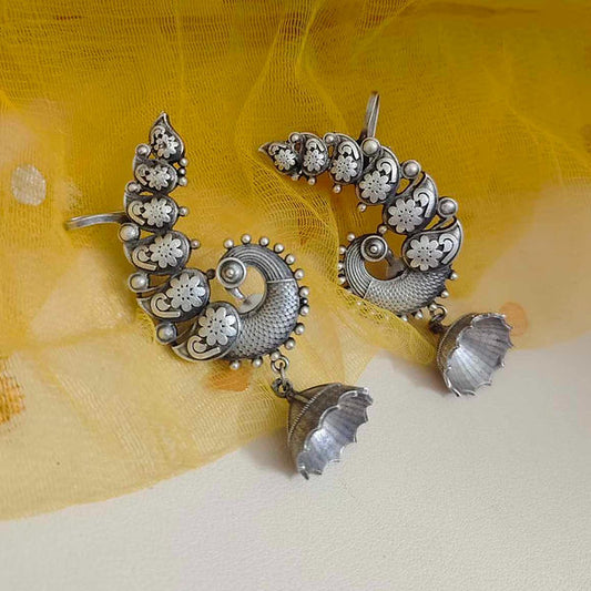 Classic Temple-Style Peacock Earrings – Vintage Silver Finish
