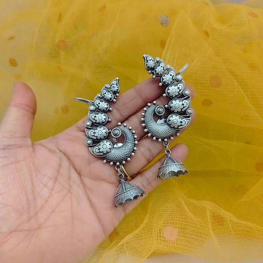 Classic Temple-Style Peacock Earrings – Vintage Silver Finish