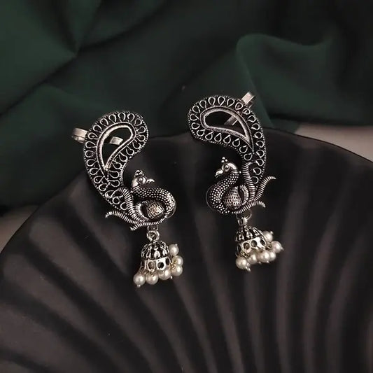 Royal Crescent Peacock Earrings – Handcrafted Silver-Tone Beauty